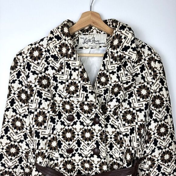 Vintage Rare 60s Lilli Ann Geometric Tapestry Leather Trim Swing Coat, Sz S - Picture 4 of 16